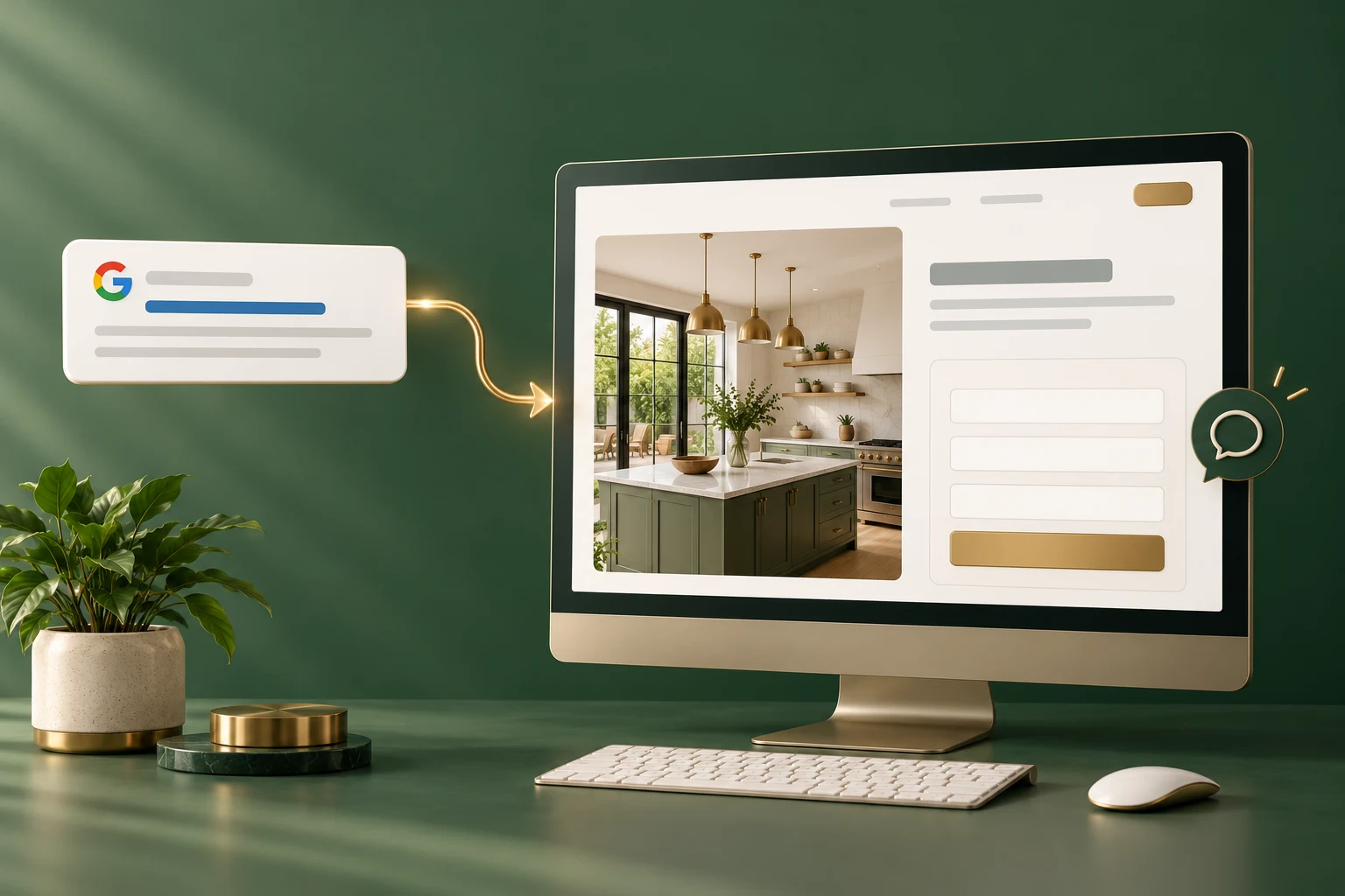 Concept illustration of a search ad leading to a service landing page and enquiry form