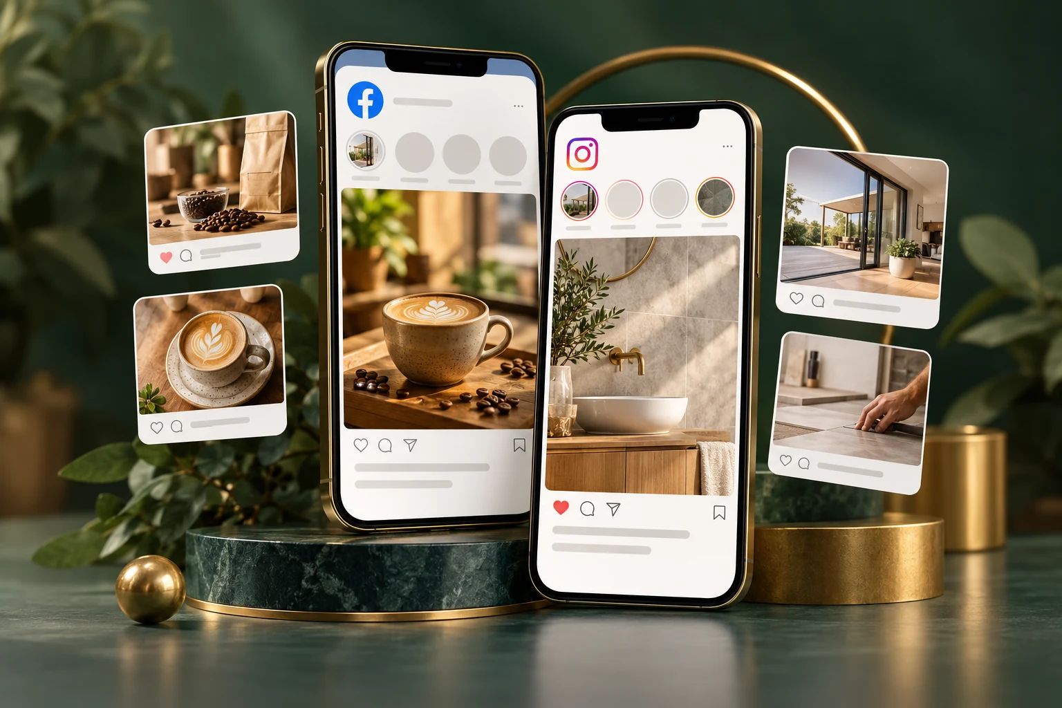 Concept illustration of Facebook and Instagram social ads on mobile screens